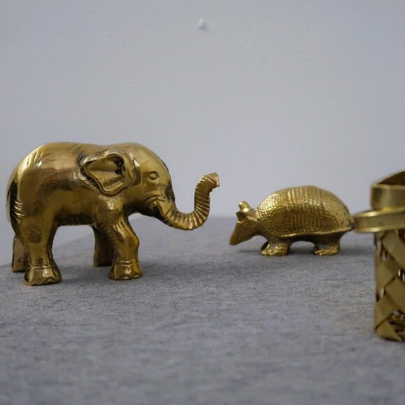 Vintage Brass Armadillo Elephant and Woven Brass Basket Sculptures Set of 3 - Picture 2 of 13